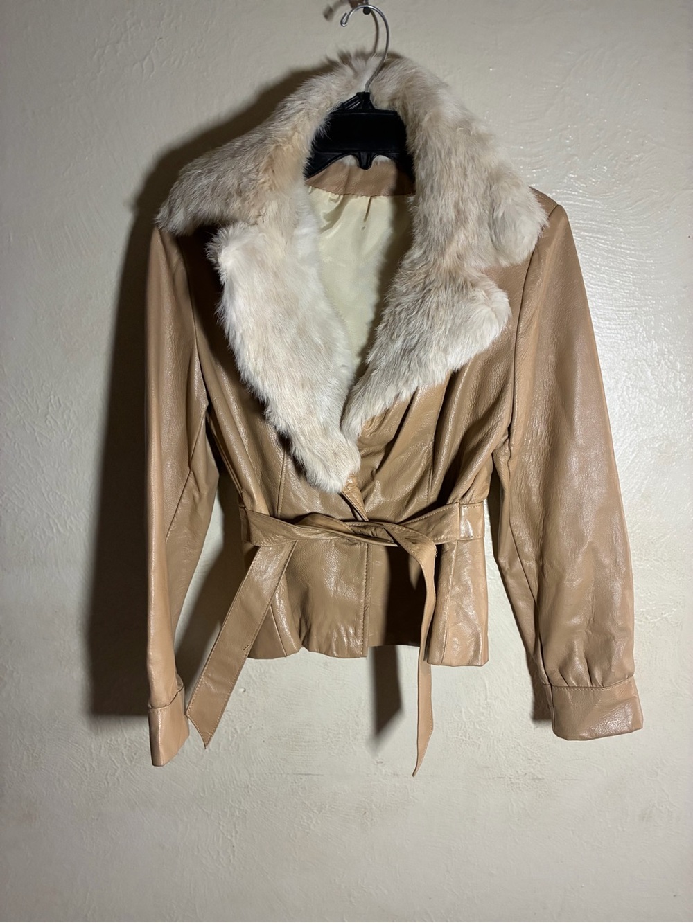 Tan Leather Jacket with Cream Faux Fur Collar and Waist Tie